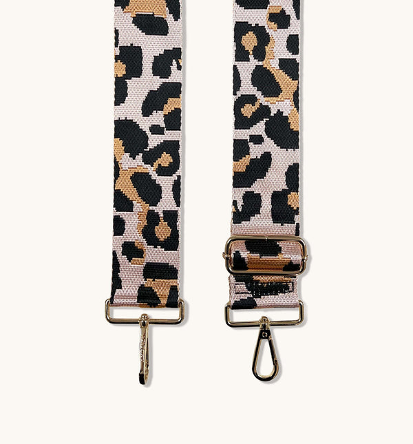 The Mini Tassel Gold Leather Phone Bag With Pale Pink Leopard Strap