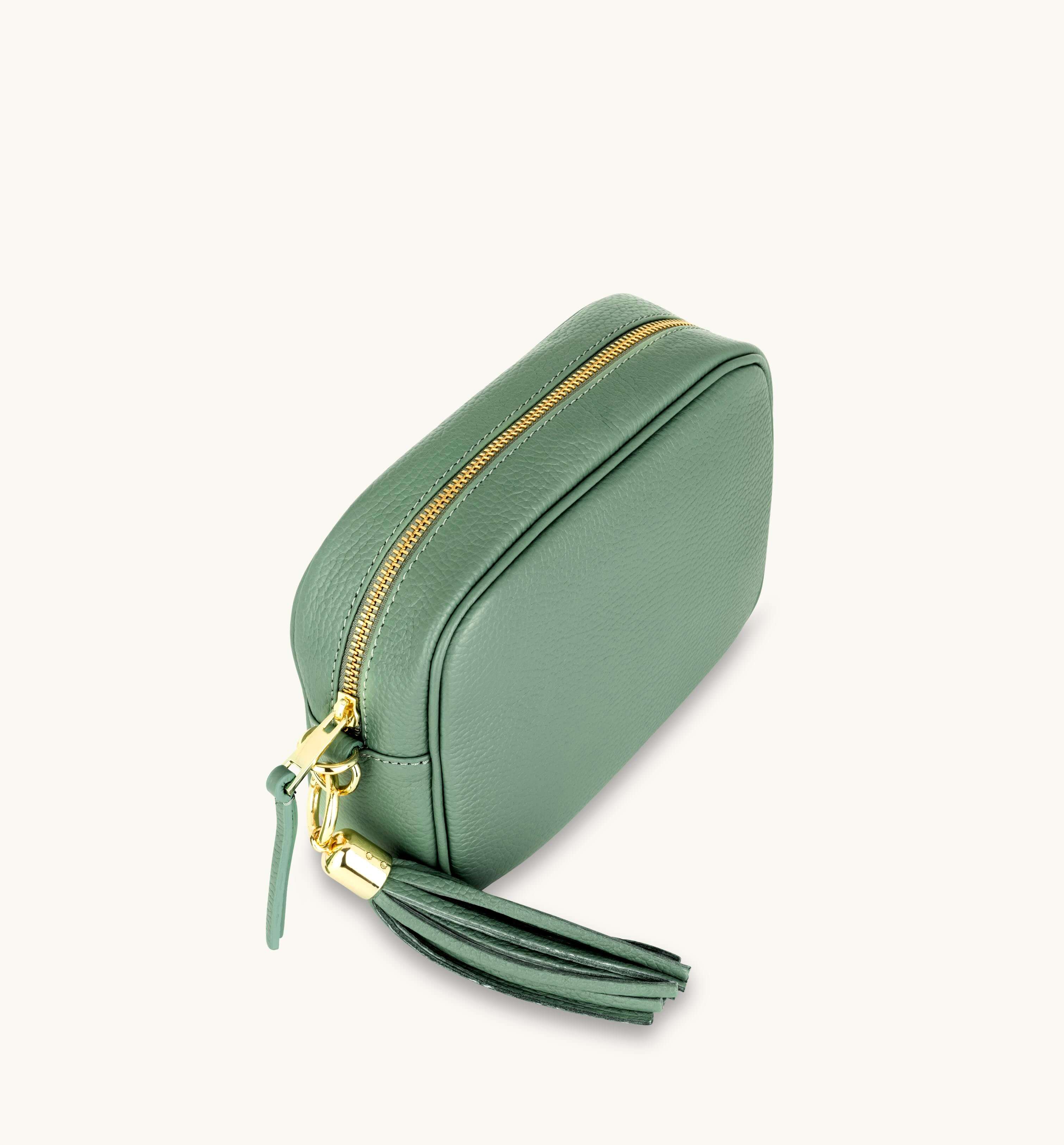 The Tassel Pistachio Leather Crossbody Bag With Gold Chain Strap