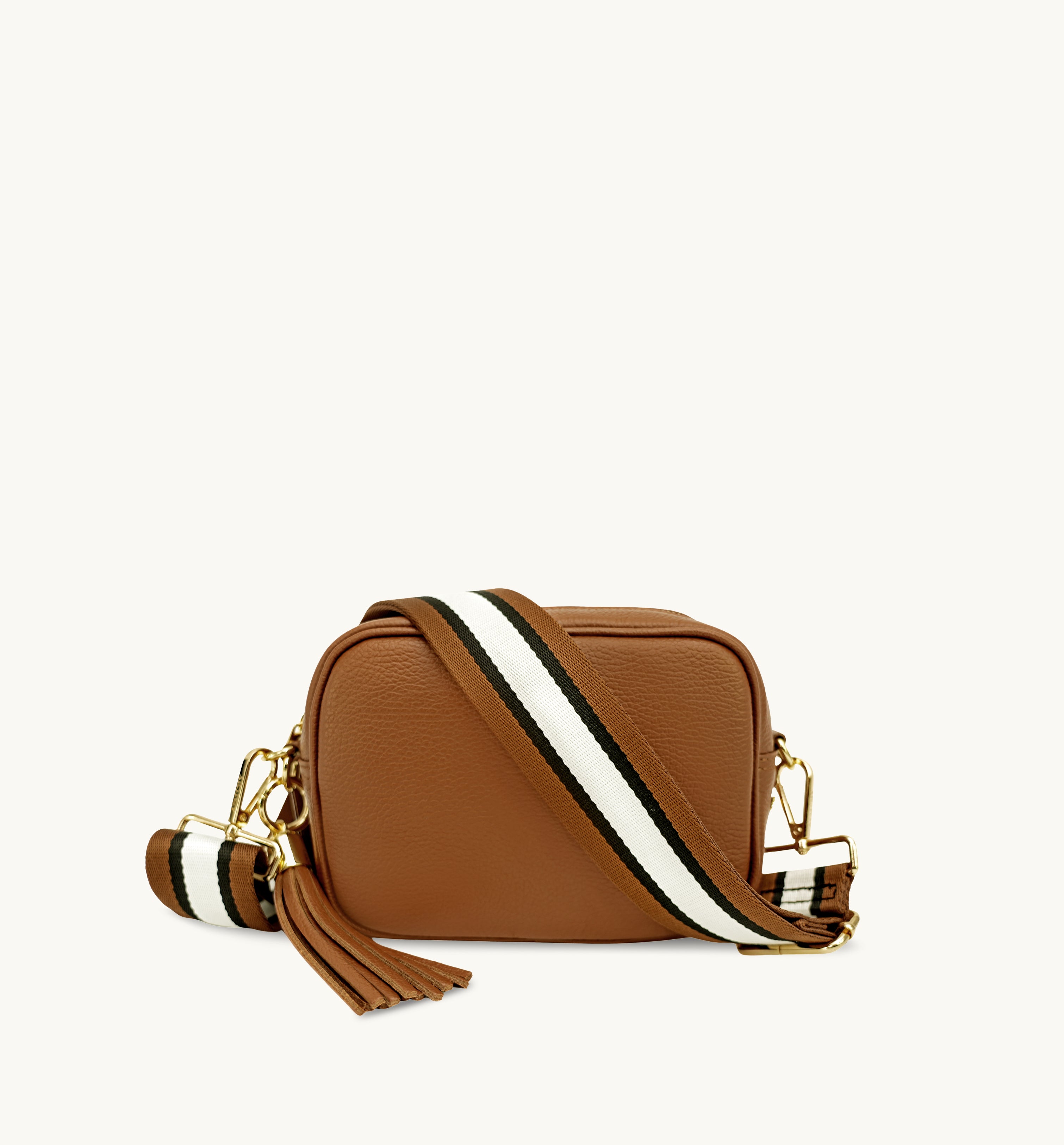 The Tassel Tan Leather Crossbody Bag With Tan Stripe Strap