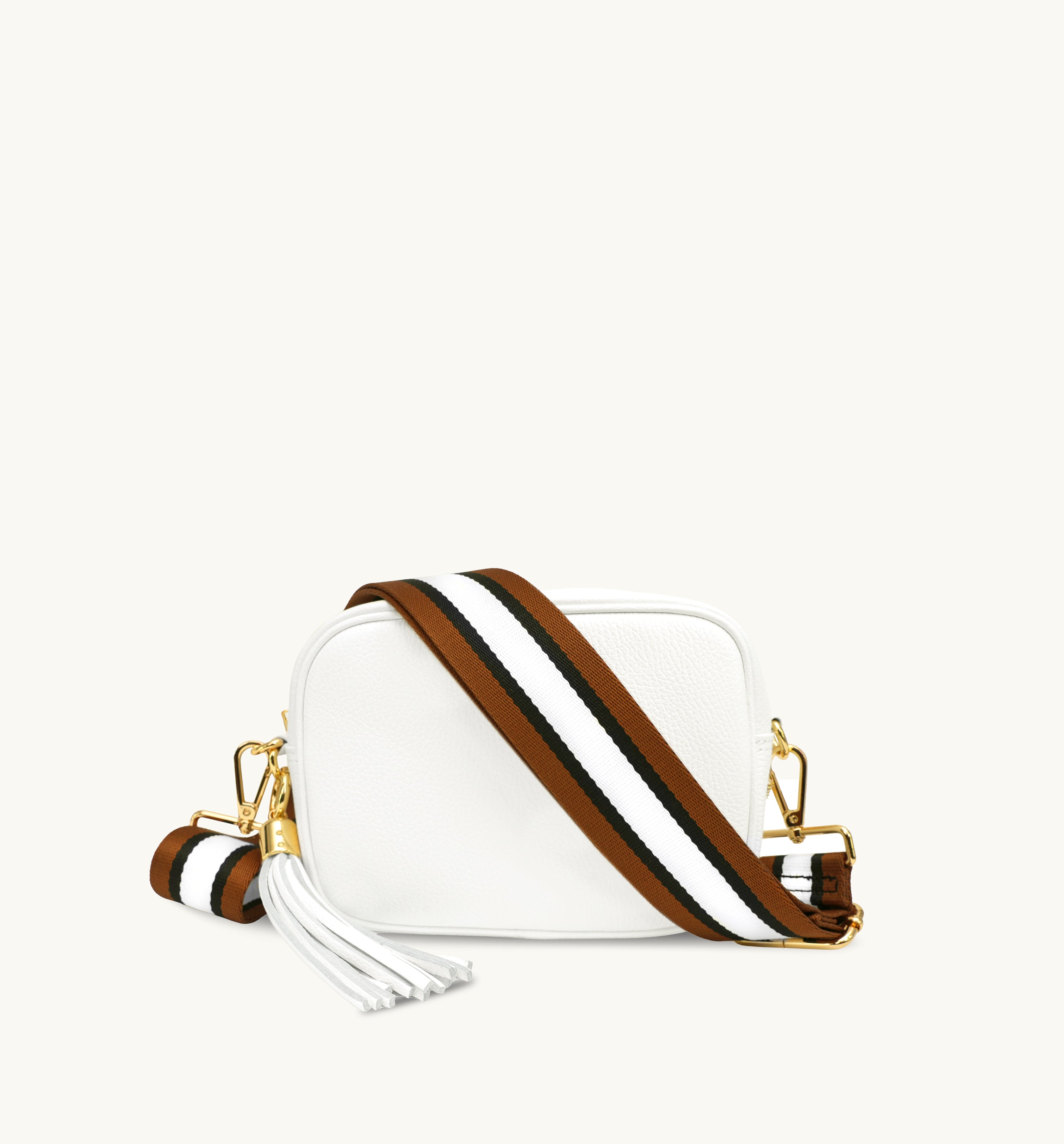 The Tassel White Leather Crossbody Bag With Tan Stripe Strap