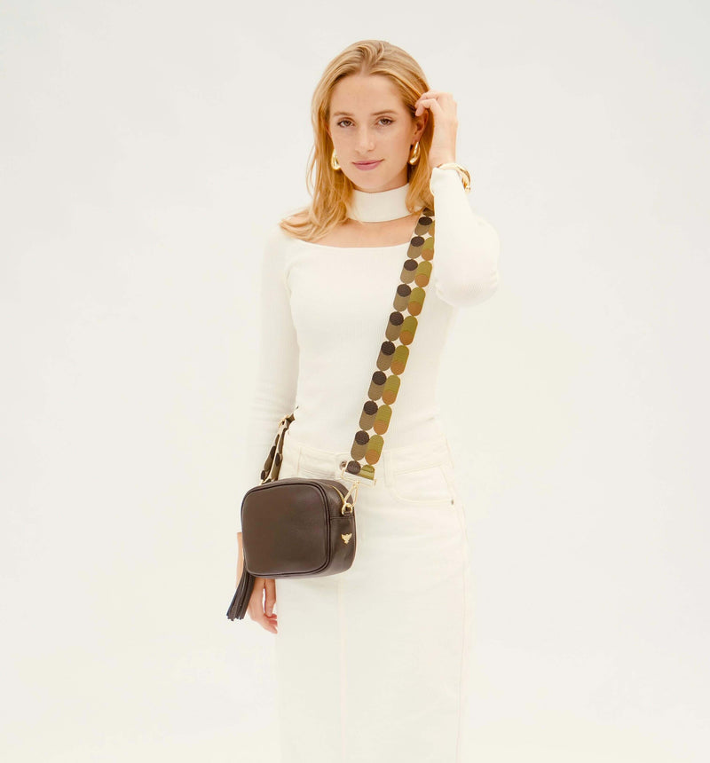 Black Leather Crossbody Bag With Khaki Pills Strap