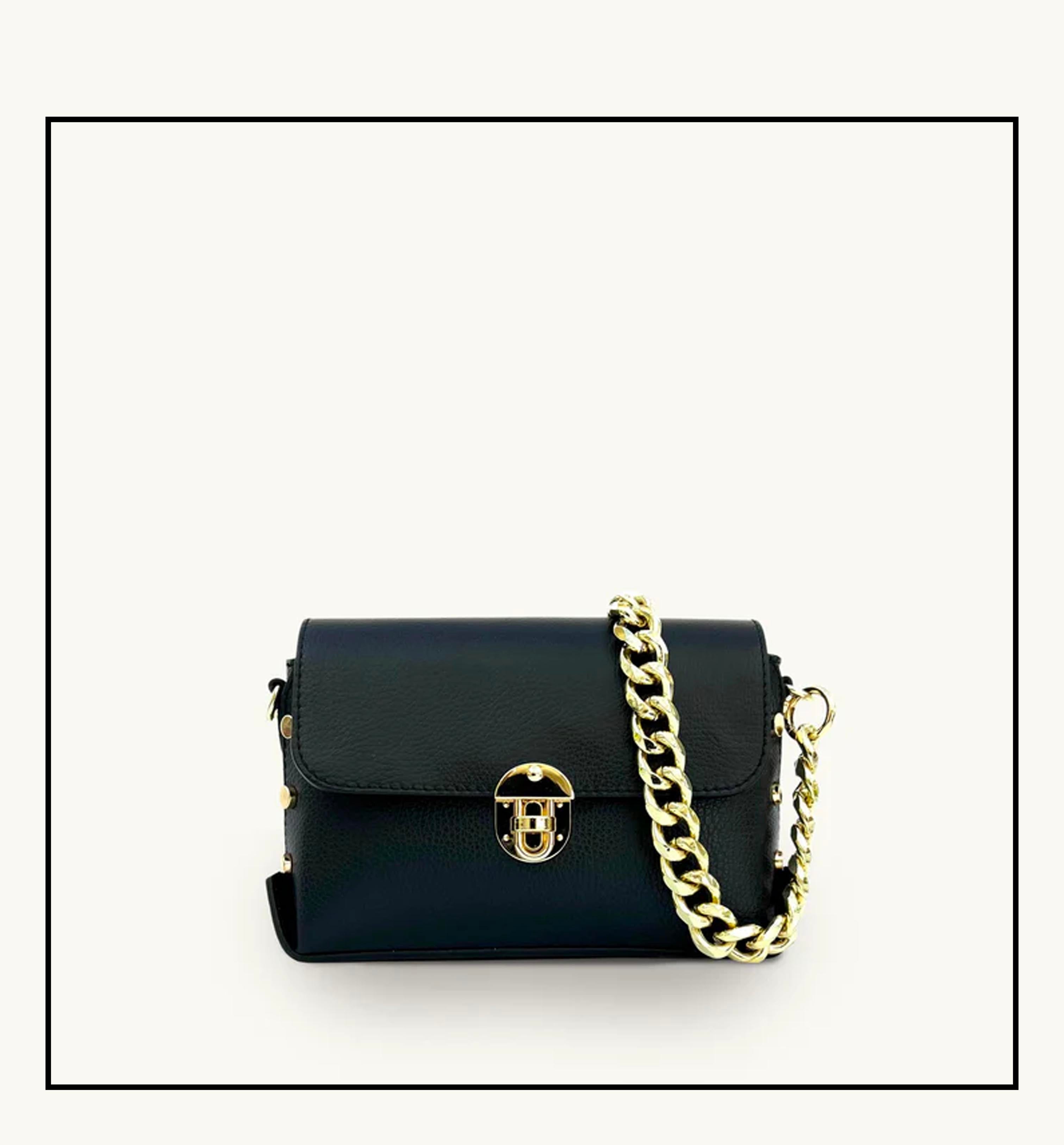 The Bloxsome Black Leather Crossbody Bag With Gold Chain Strap