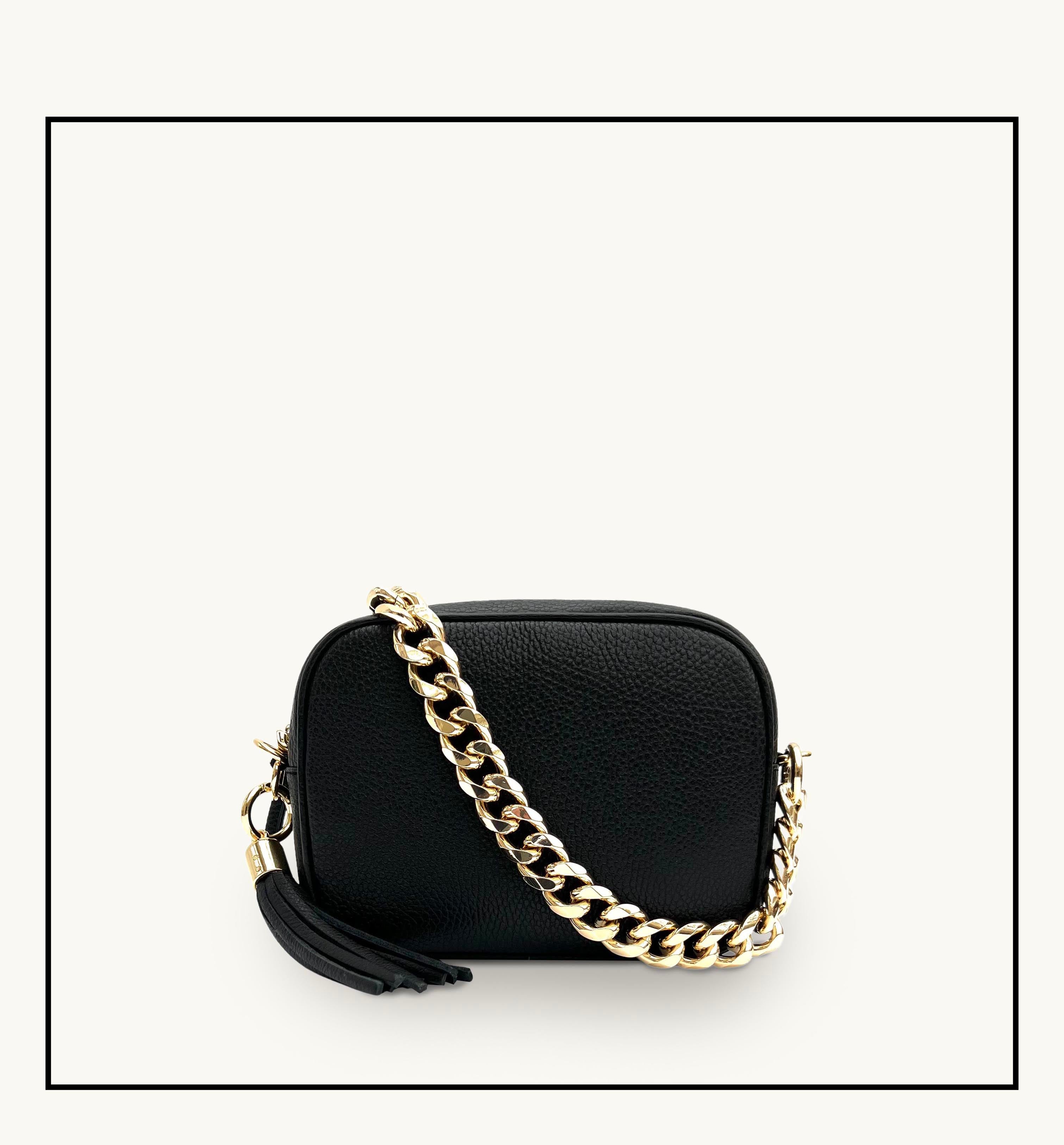 The Tassel Black Leather Crossbody Bag With Gold Chain Strap