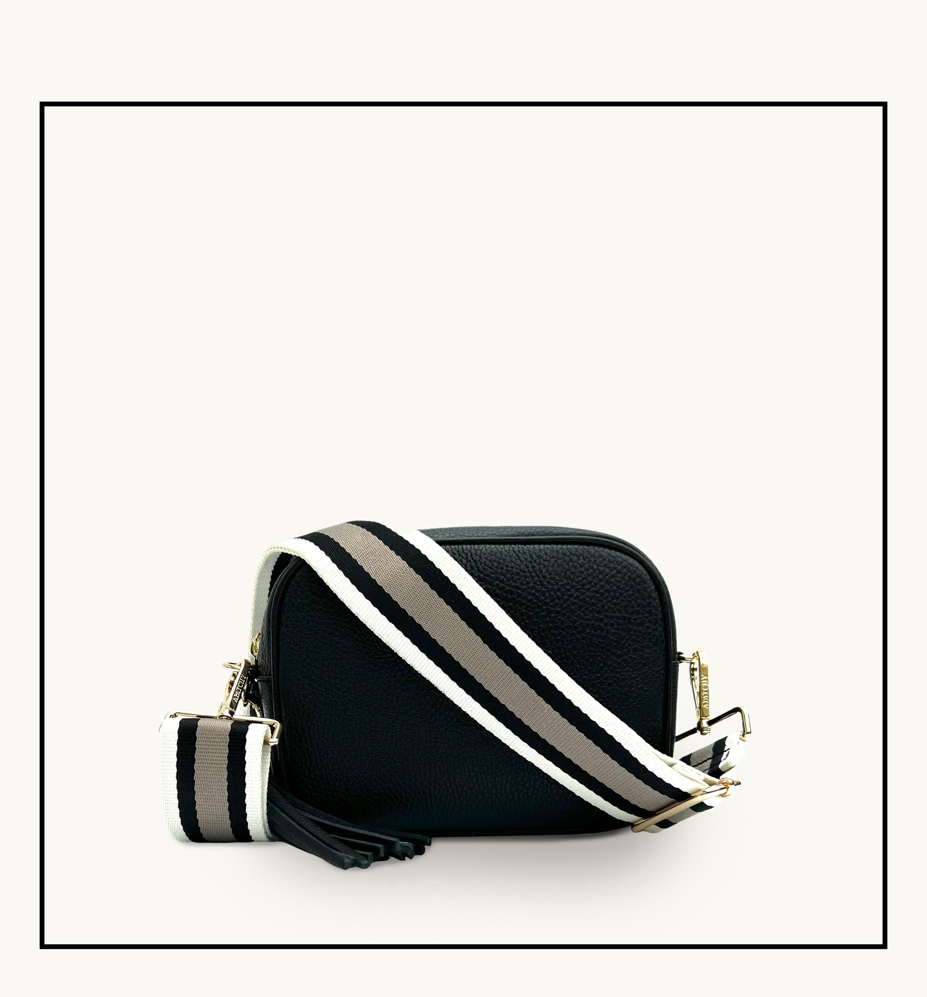 The Tassel Black Leather Crossbody Bag With Latte Stripe Strap