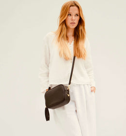 Black Leather Crossbody Bag With Black & Stone Maze Strap