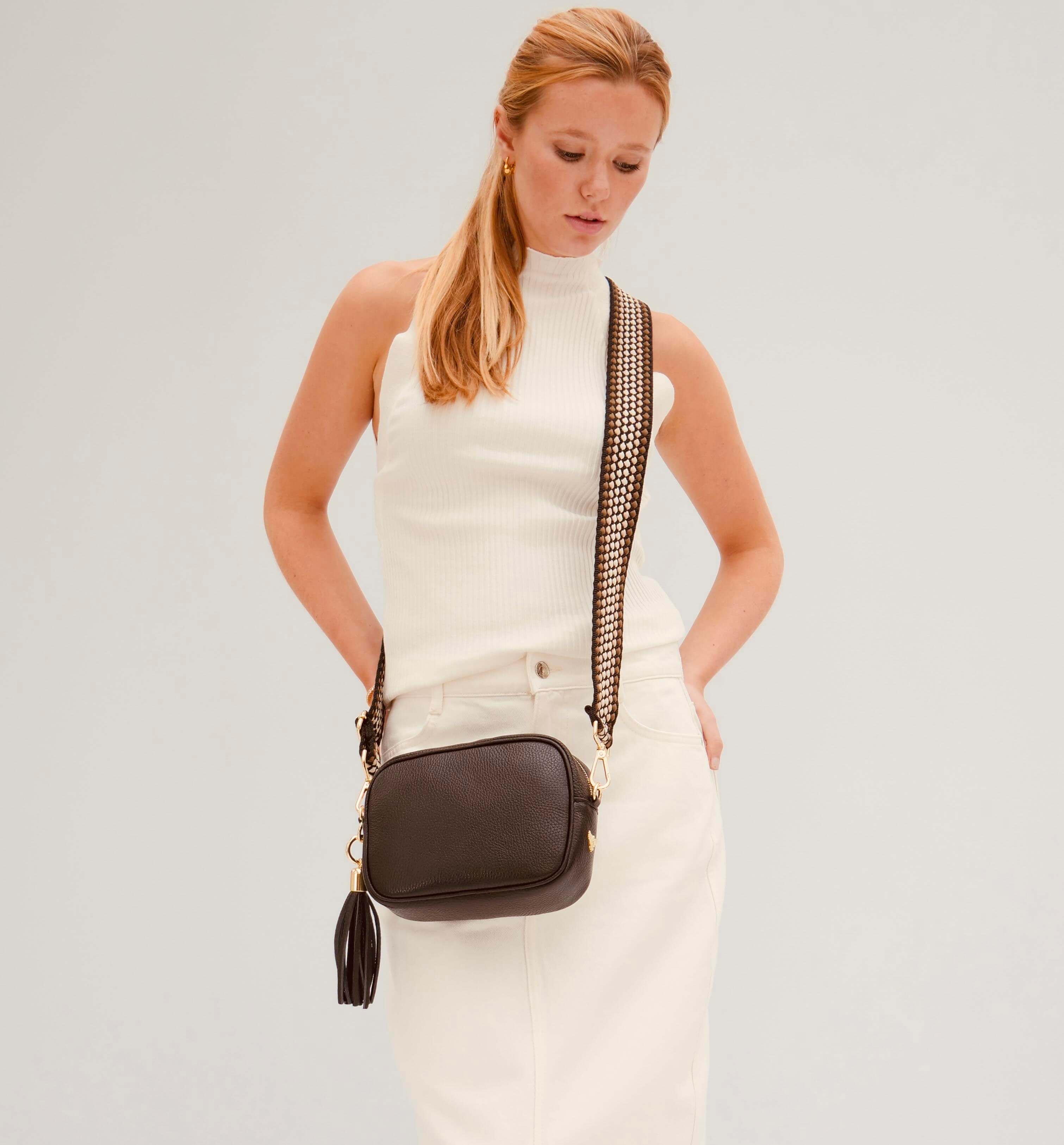 The Tassel Black Leather Crossbody Bag With Cappuccino Dots Strap