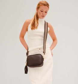 Black Leather Crossbody Bag With Cappuccino Dots Strap