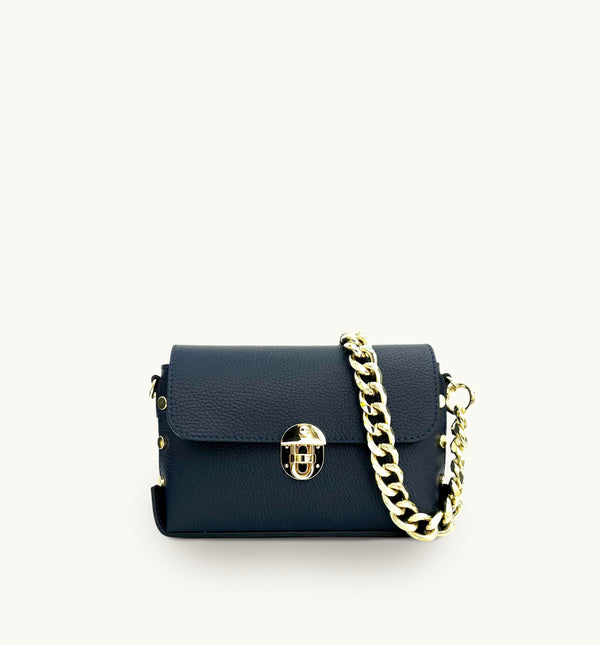 Apatchy The Bloxsome Navy Leather Crossbody Bag with Gold Chain Strap