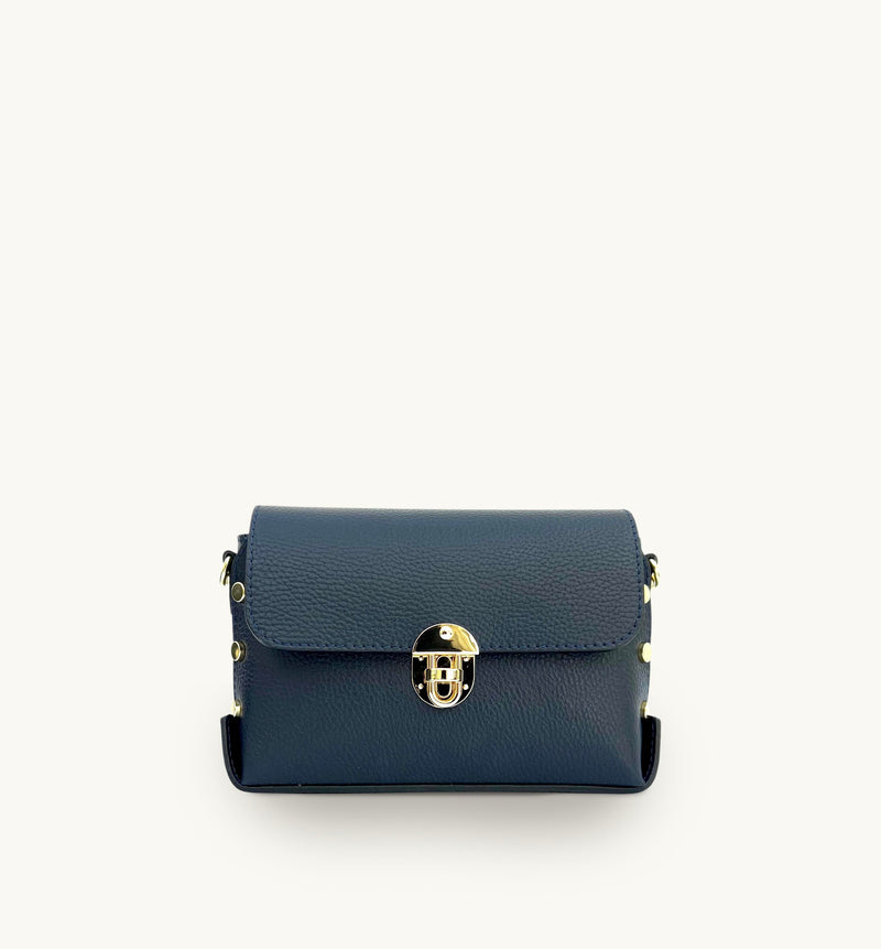 The Bloxsome Navy Leather Crossbody Bag With Navy & Gold Stripe Strap