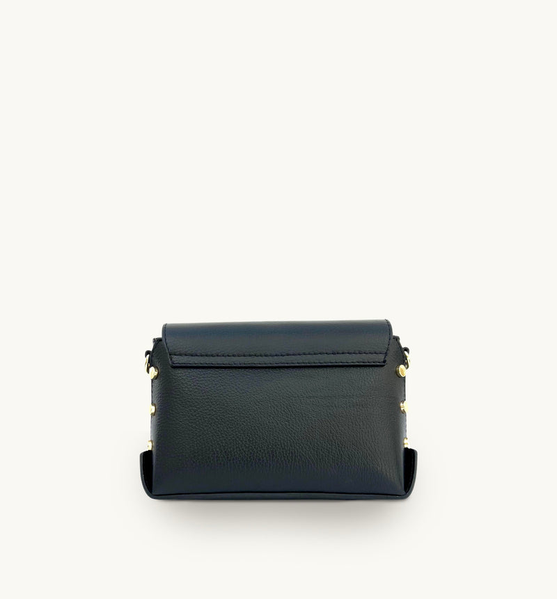 The Bloxsome Black Leather Crossbody Bag With Black & Gold Chevron Strap