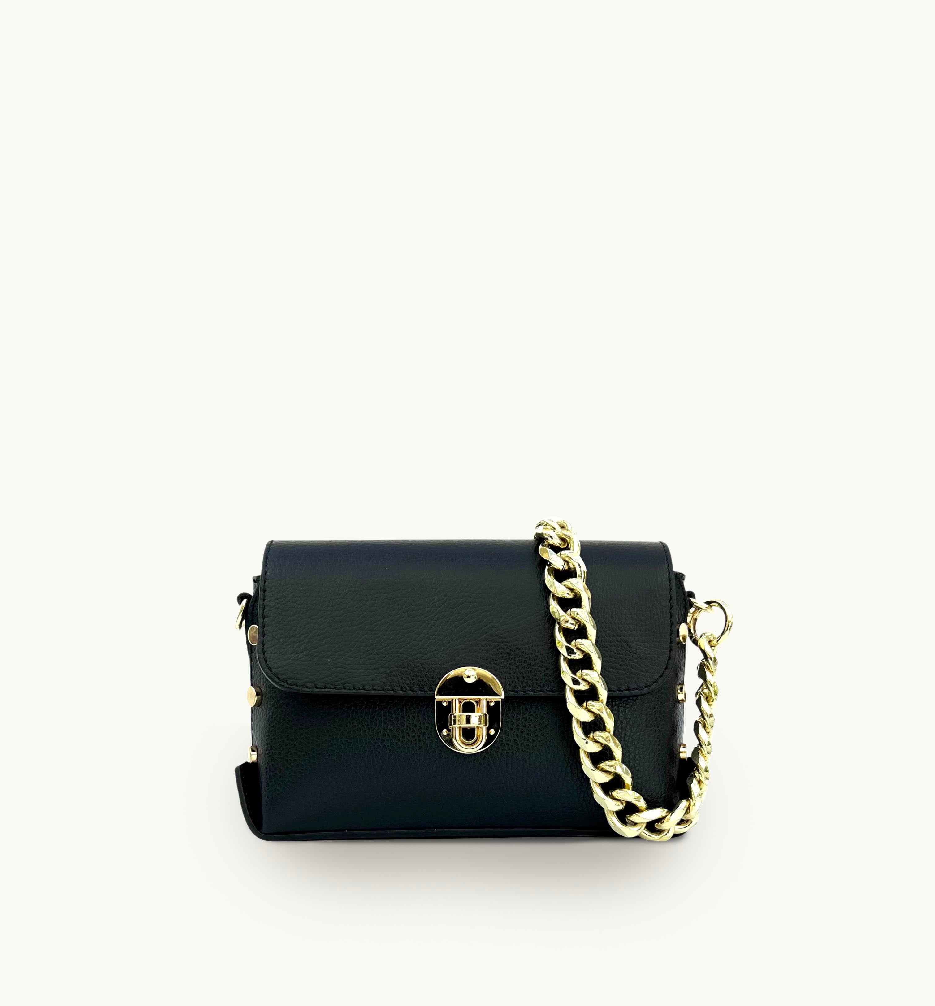 Apatchy The Bloxsome Black Leather Crossbody Bag with Gold Chain Strap