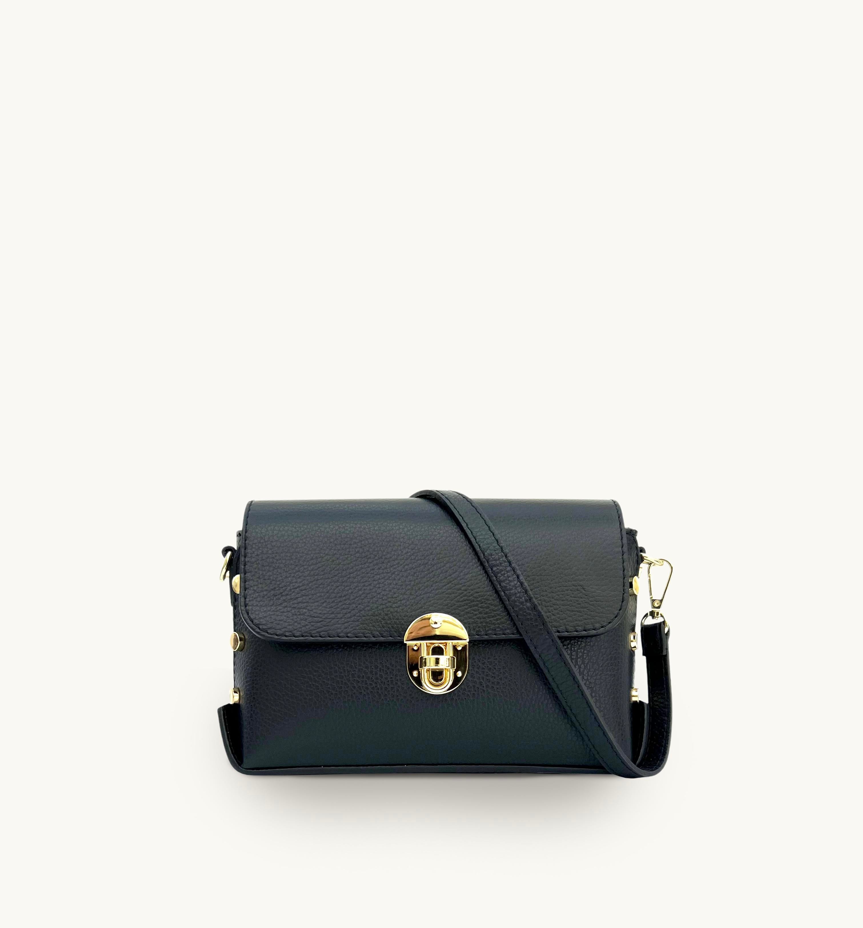 The Bloxsome Black Leather Crossbody Bag With Black & Gold Chevron Strap