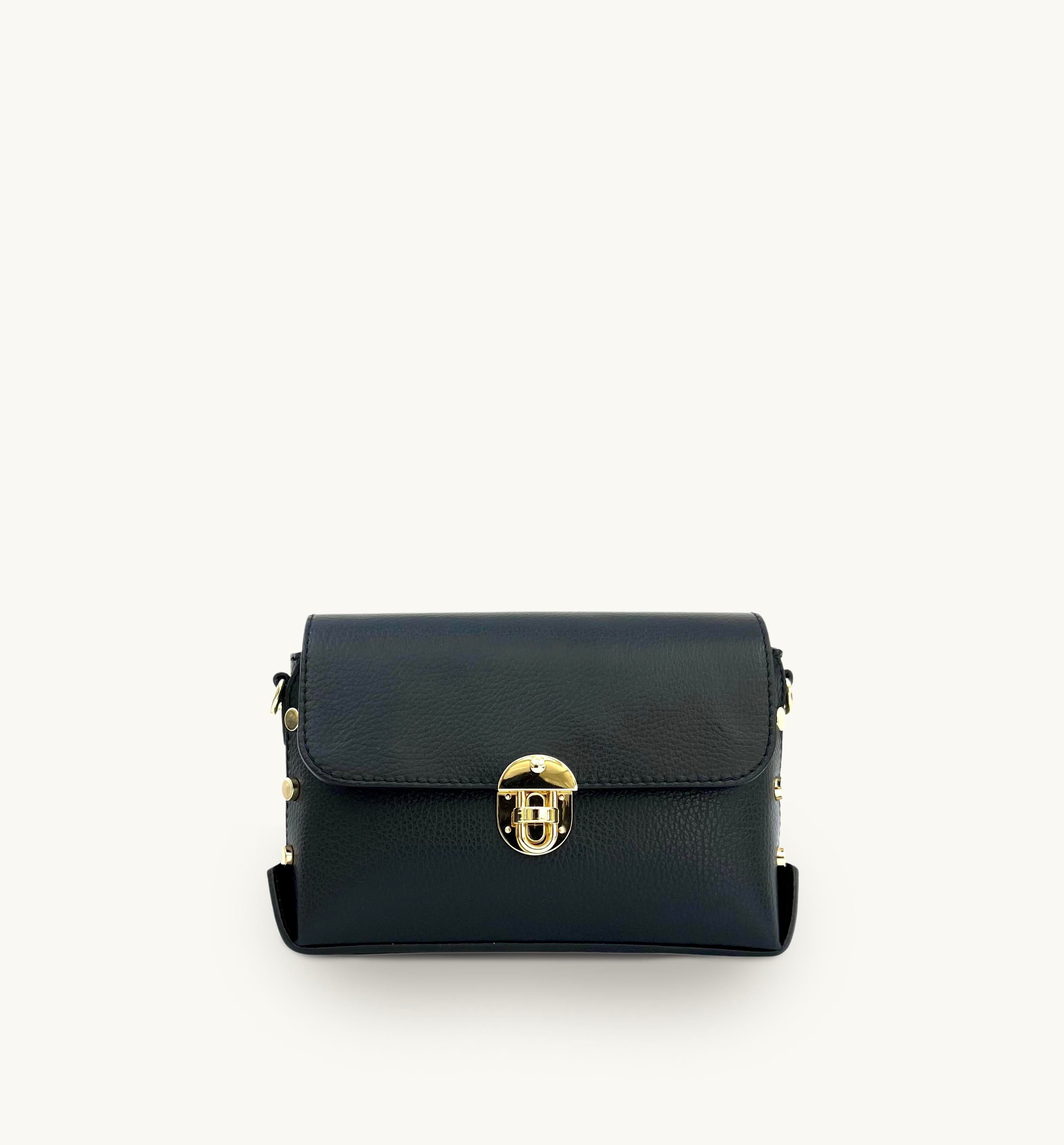 The Bloxsome Black Leather Crossbody Bag With Black & Gold Chevron Strap