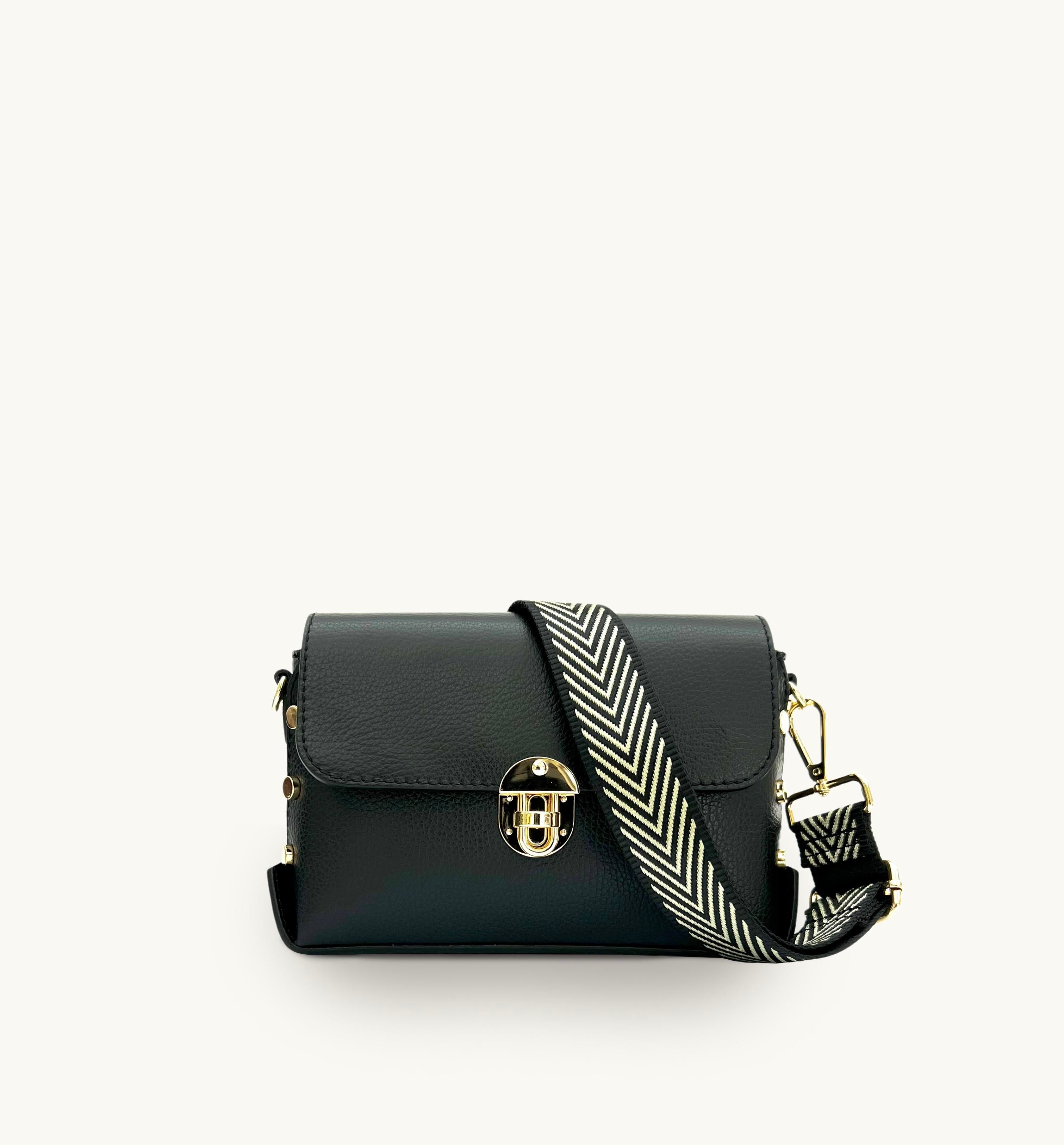 Apatchy The Bloxsome Black Leather Crossbody Bag with Black & Gold Chevron Strap