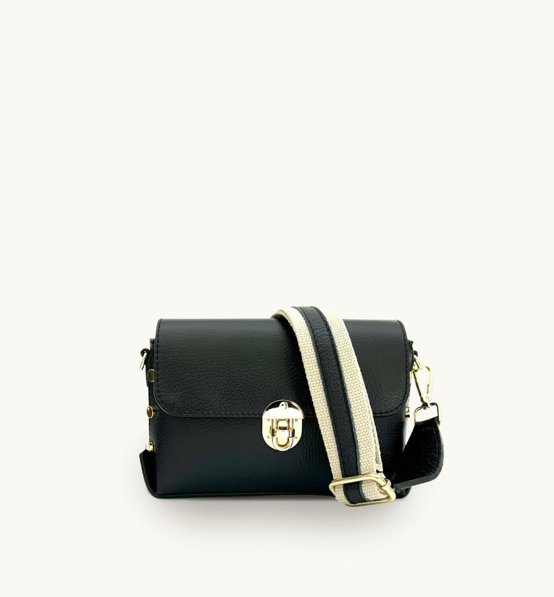 Apatchy The Bloxsome Black Leather Crossbody Bag with Canvas Strap