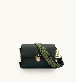 Apatchy The Bloxsome Black Leather Crossbody Bag with Olive Green Cheetah Strap