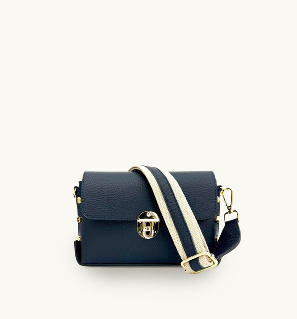 Apatchy The Bloxsome Navy Leather Crossbody Bag with Canvas Strap