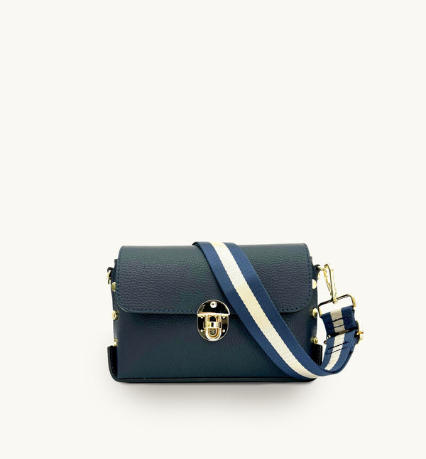 Apatchy The Bloxsome Navy Leather Crossbody Bag with Navy & Gold Stripe Strap
