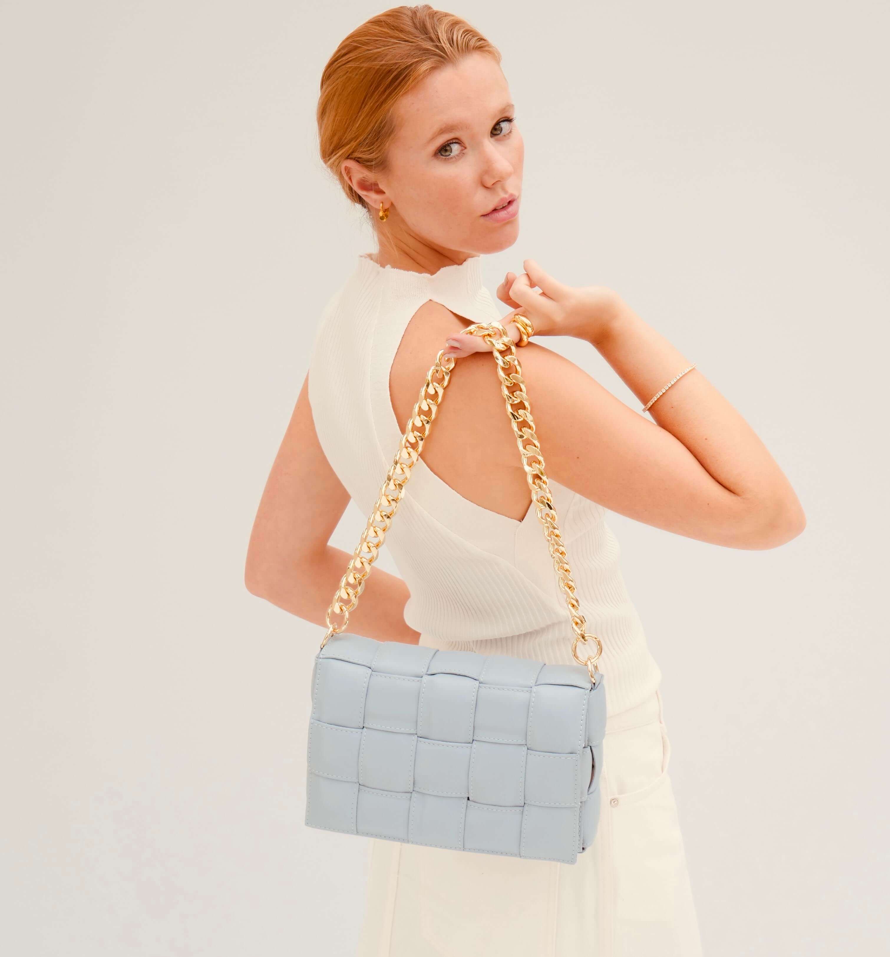 Blue Padded Woven Leather Crossbody Bag