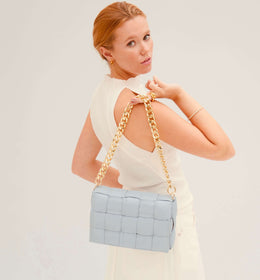 Blue Padded Woven Leather Crossbody Bag With Gold Chain Strap