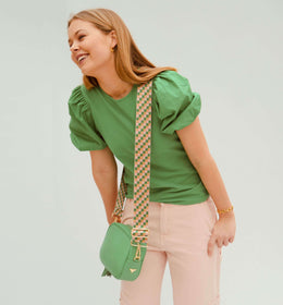 Bottega Green Leather Crossbody Bag With Green & Pink Check Strap
