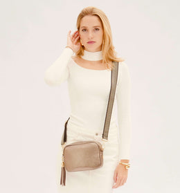 Bronze Leather Crossbody Bag With Black & Gold Chevron Strap