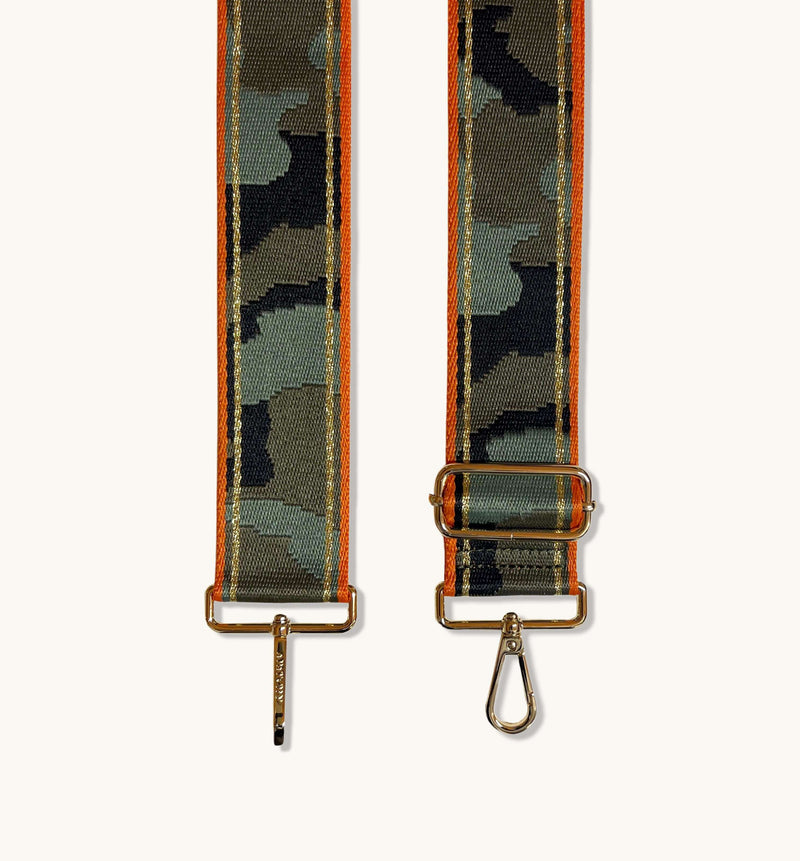 Black Leather Crossbody Bag With Orange & Gold Stripe Camo Strap