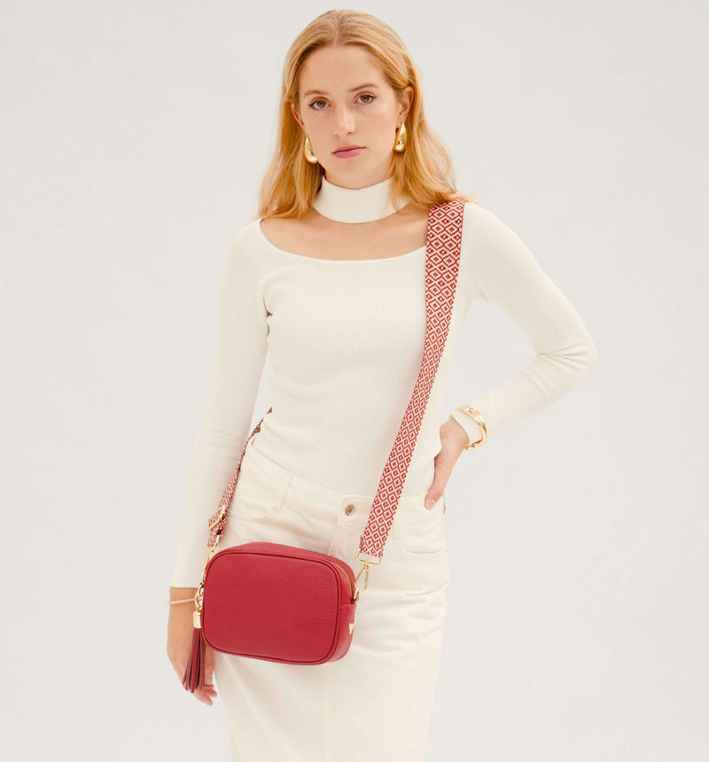 Cherry Red Leather Crossbody Bag With Red Cross-Stitch Strap