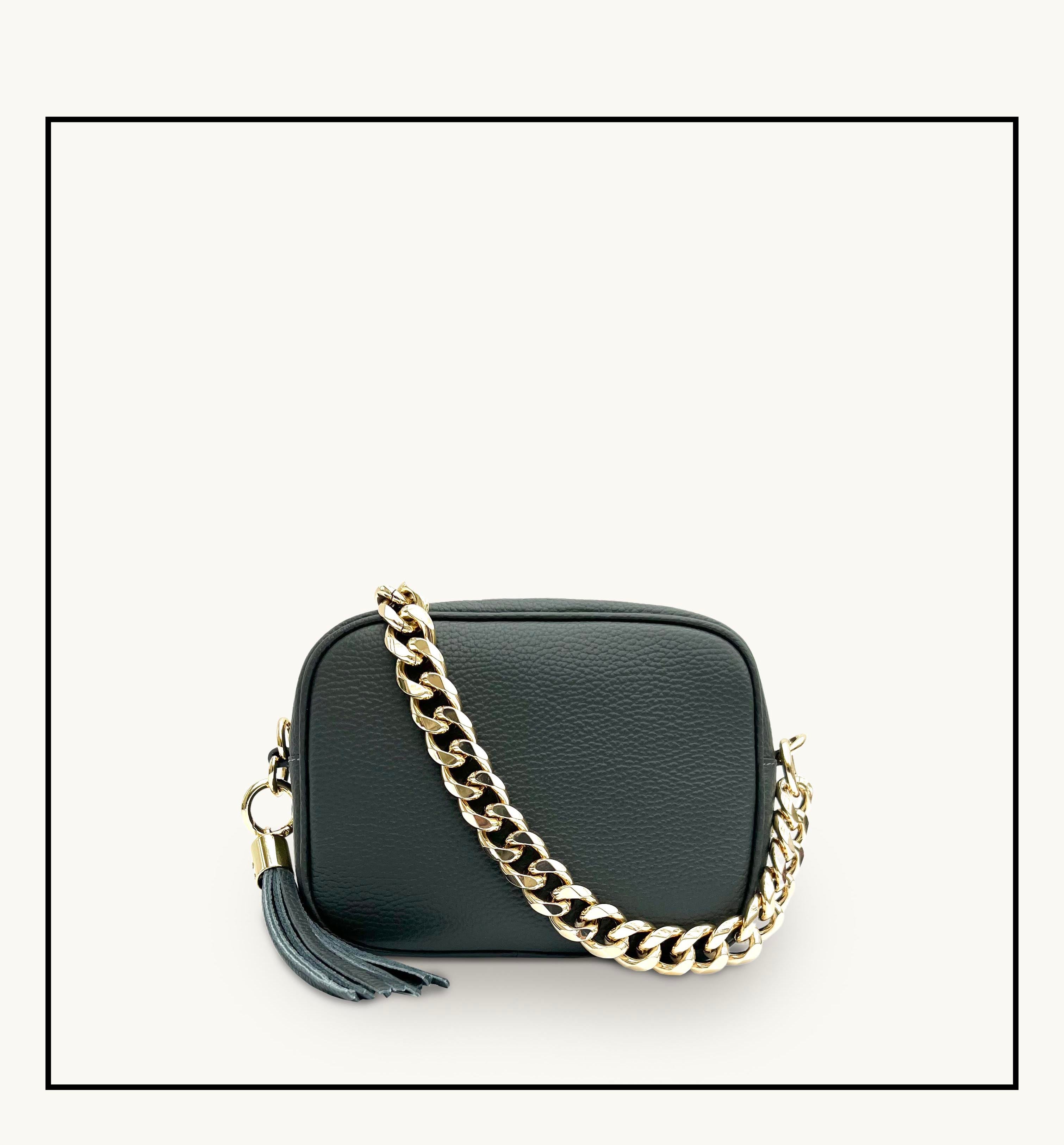 The Tassel Dark Grey Leather Crossbody Bag With Gold Chain Strap