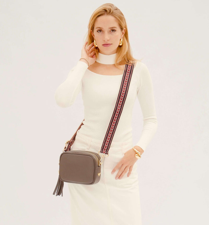 Dark Grey Leather Crossbody Bag With Navy Boho Strap