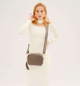 Dark Grey Leather Crossbody Bag With Tan Boho Strap