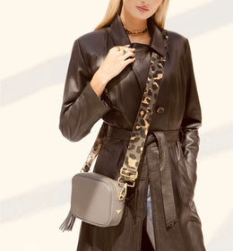 Dark Grey Leather Crossbody Bag With Grey Leopard Strap