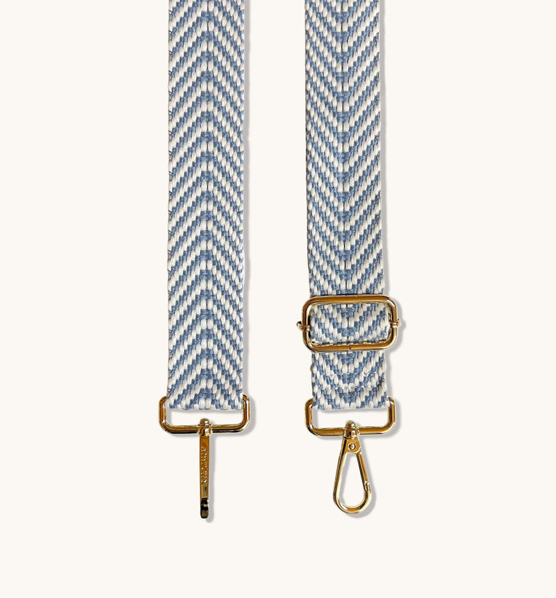White Leather Crossbody Bag With Denim Blue Chevron Strap