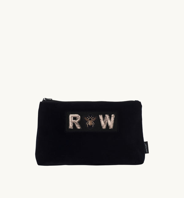 Diva Large Makeup Bag in Midnight Navy Velvet - Gold Letters