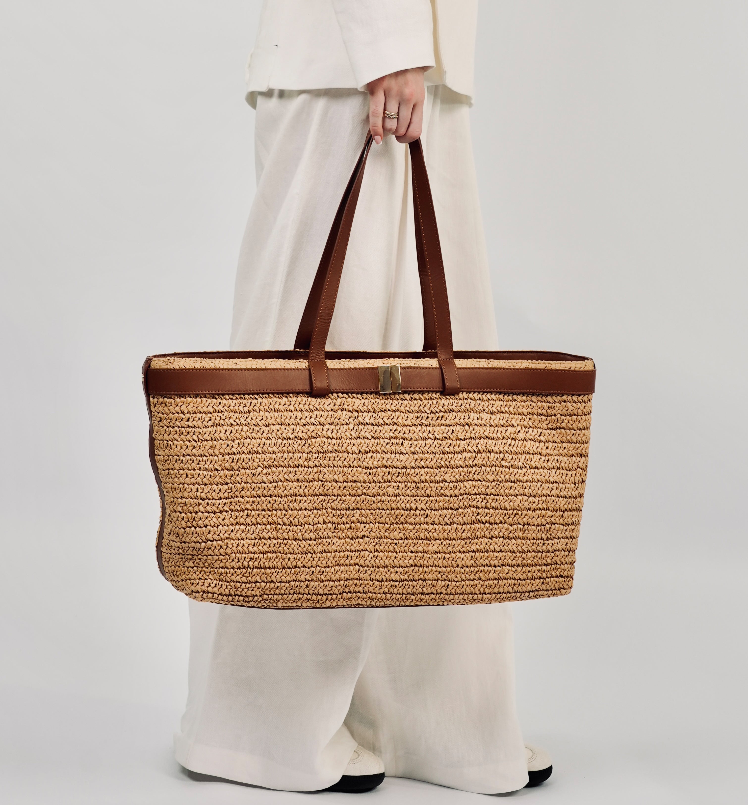 The Esme Raffia Tote Bag with Leather Trim