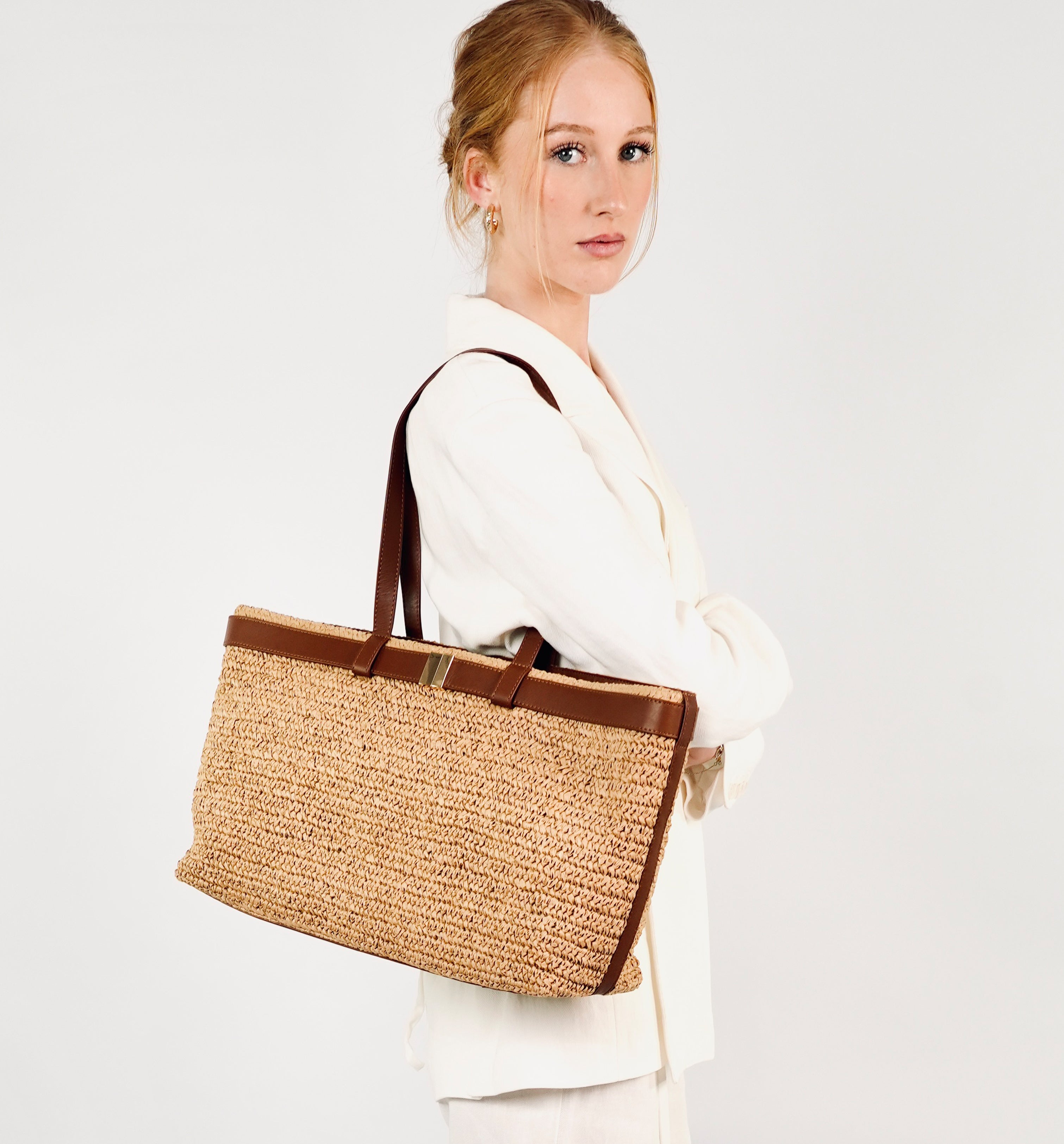 The Esme Raffia Tote Bag with Leather Trim