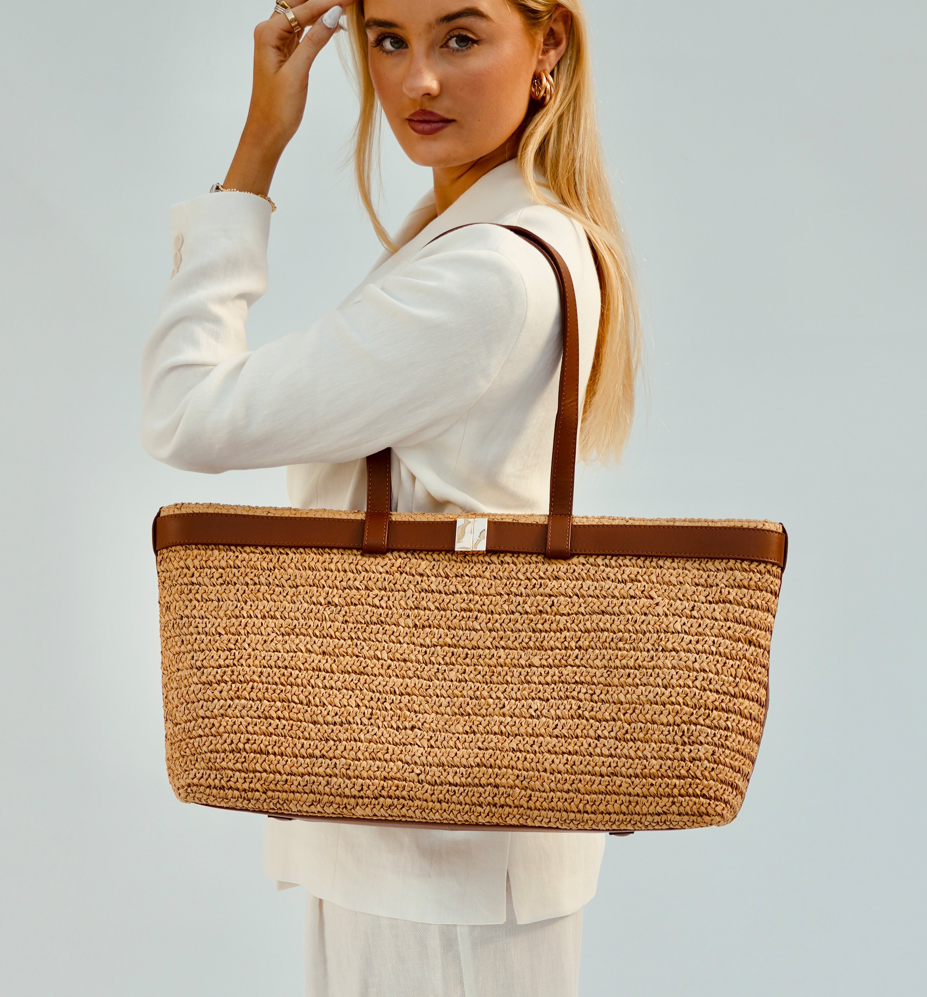The Esme Raffia Tote Bag with Leather Trim