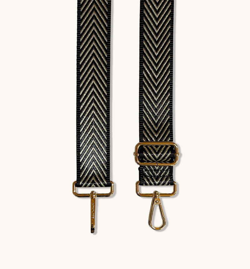The Harriet Black Leather Bag With Black & Gold Chevron Strap