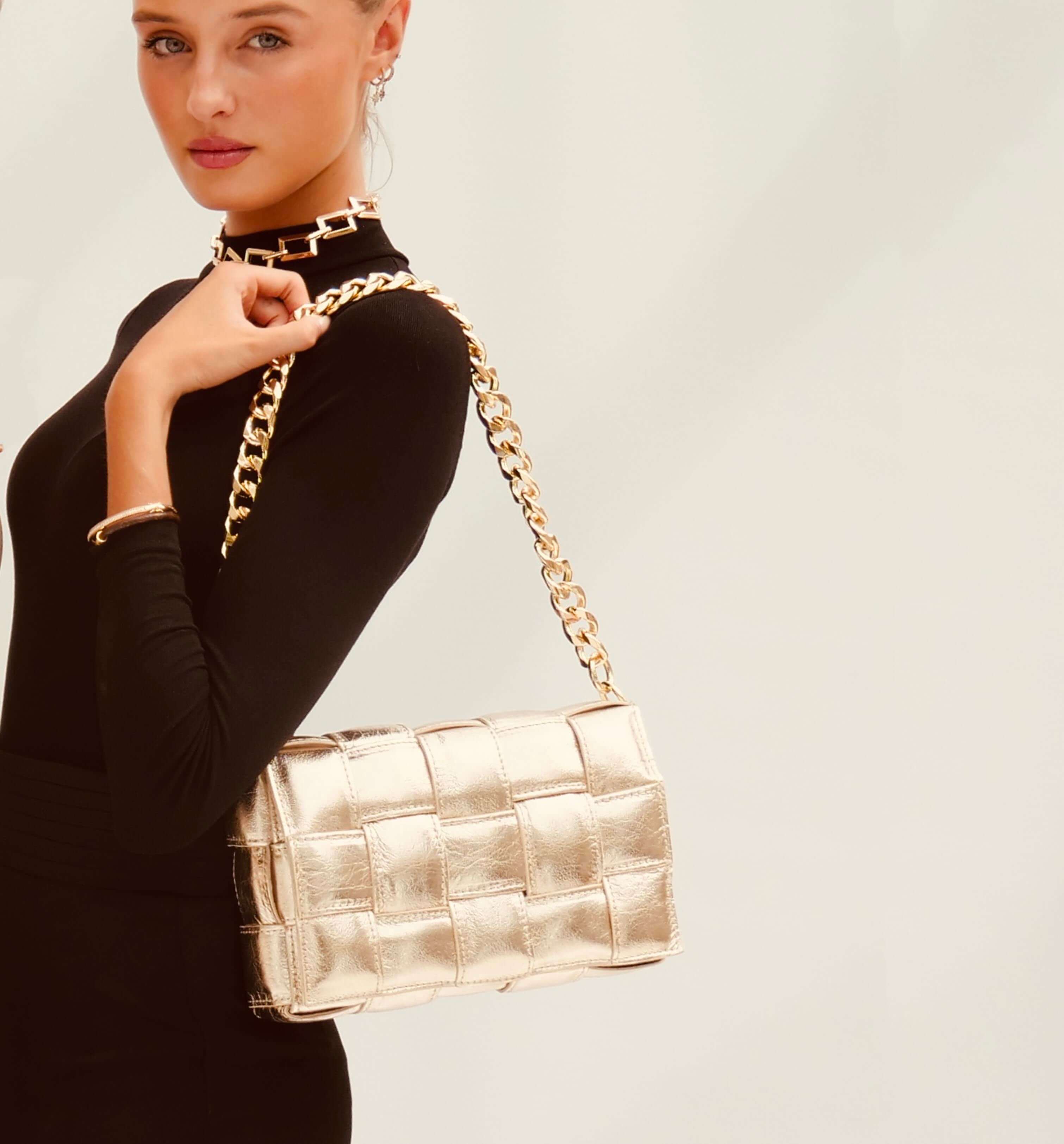 Gold Padded Woven Leather Crossbody Bag With Gold Chain Strap