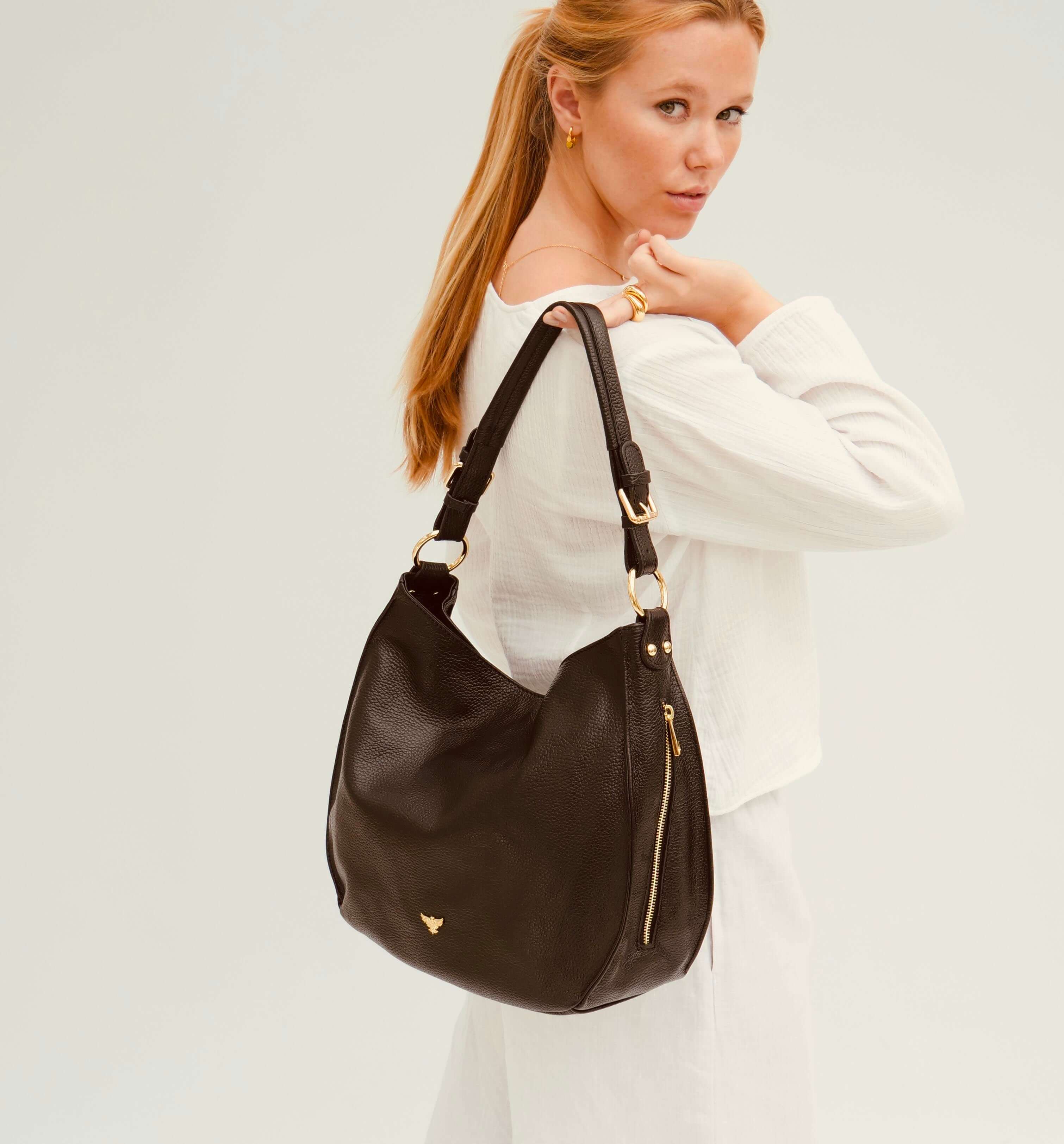 The Harriet Black Leather Bag With Black & Stone Arrow Strap