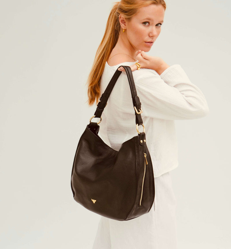 The Harriet Black Leather Bag With Black & Gold Chevron Strap