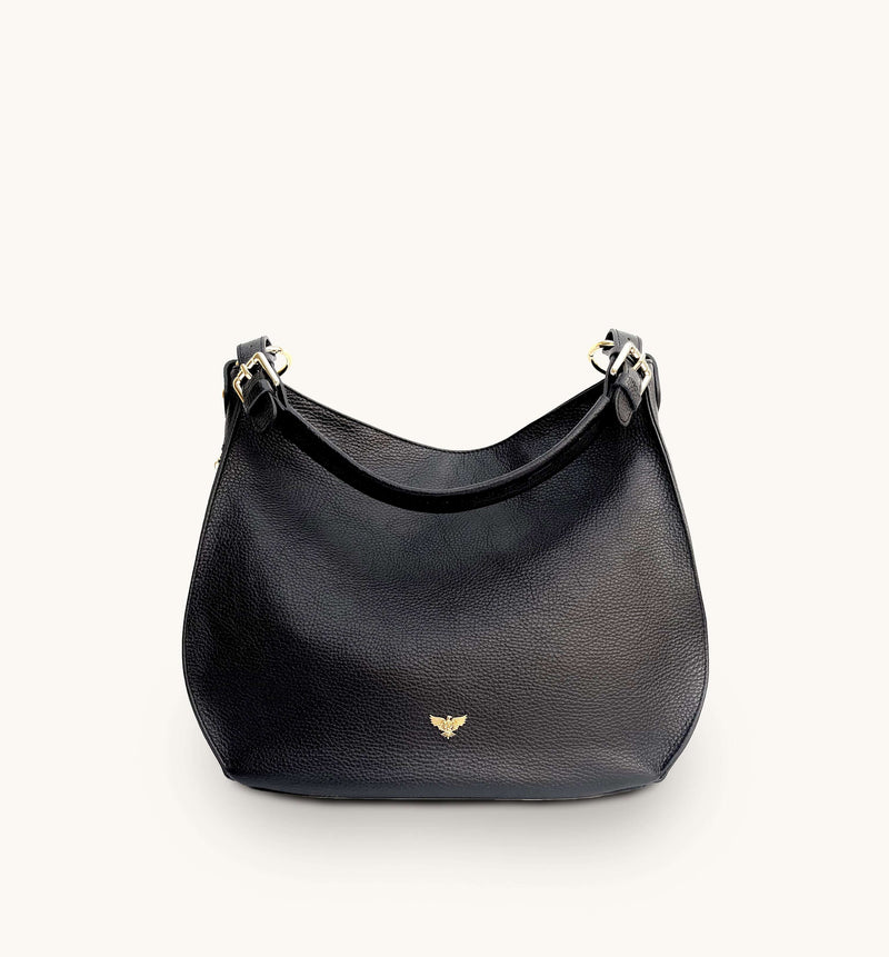 The Harriet Black Leather Bag With Black & Gold Chevron Strap
