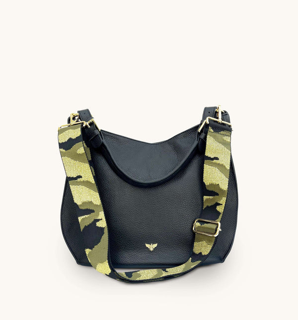 Apatchy The Harriet Black Leather Bag With Green & Gold Camo Strap