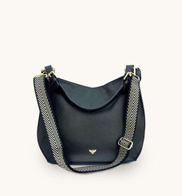 Apatchy The Harriet Black Leather Bag With Black & Gold Chevron Strap