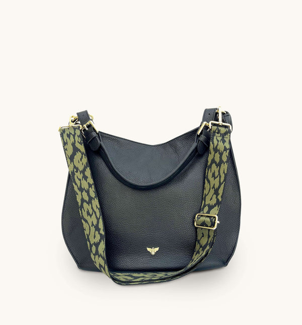 Apatchy The Harriet Black Leather Bag With Olive Green Cheetah Strap