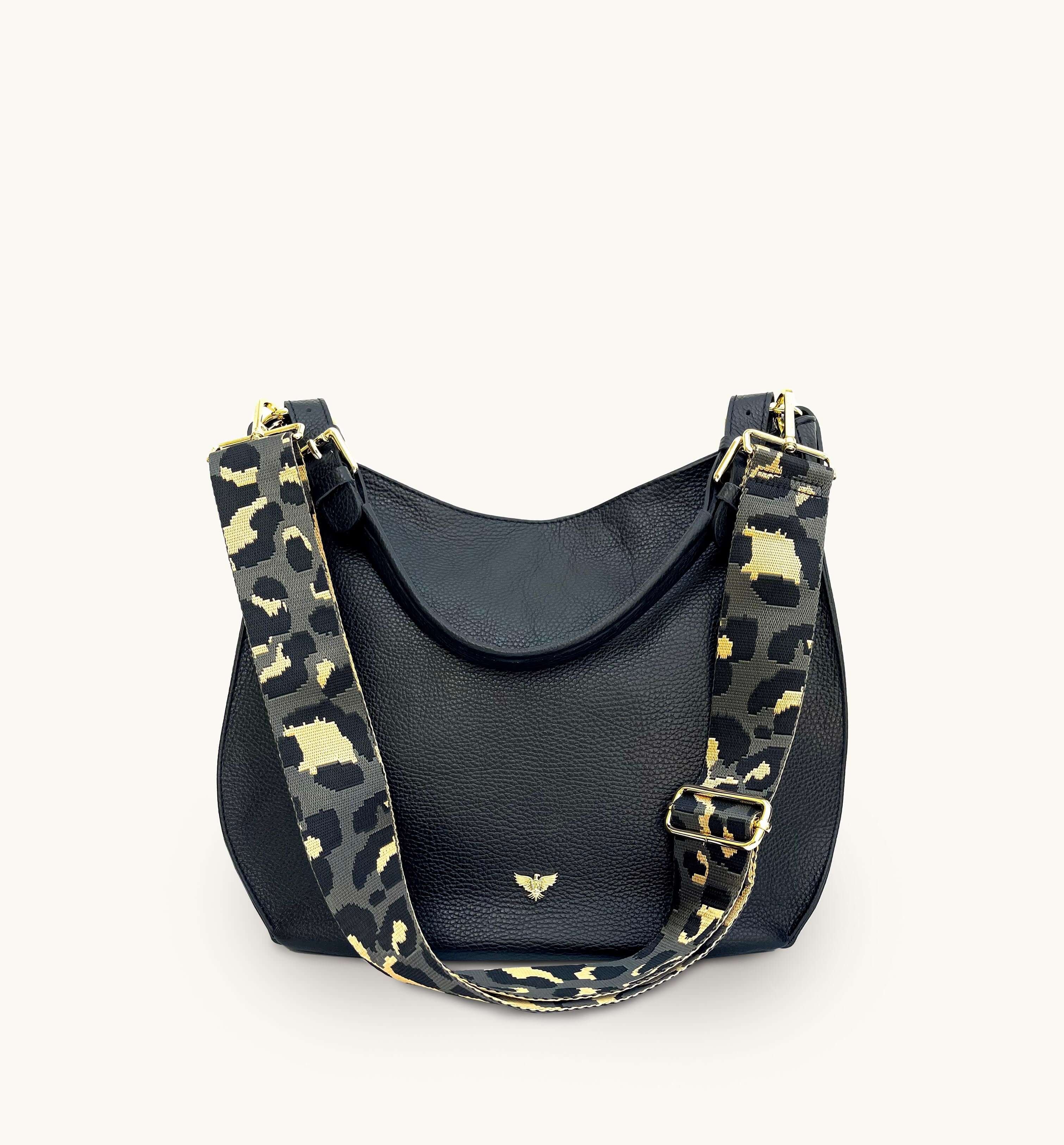 The Harriet Black Leather Bag Grey Leopard Strap Apatchy London