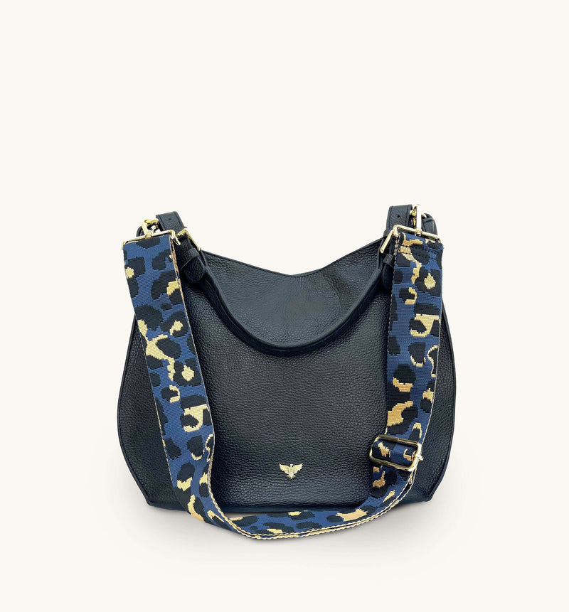 Apatchy The Harriet Black Leather Bag With Navy Leopard Strap