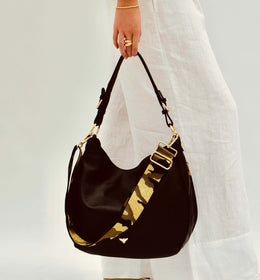 The Harriet Black Leather Bag With Green & Gold Camo Strap