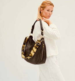 The Harriet Black Leather Bag With Green & Gold Camo Strap