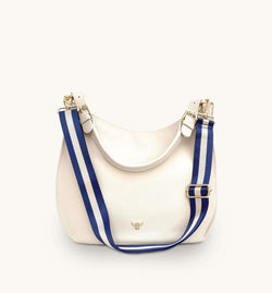 The Harriet Stone Leather Bag With Navy & Gold Stripe Strap